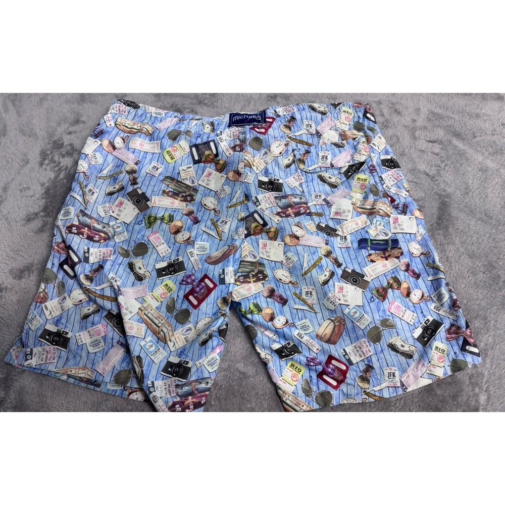 Vintage Michaels Large Swim Trunks Travel Print Passport Camera Yellow Morocco